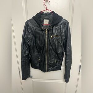 Guess Women's Black Faux Leather Jacket with removable hood in size M